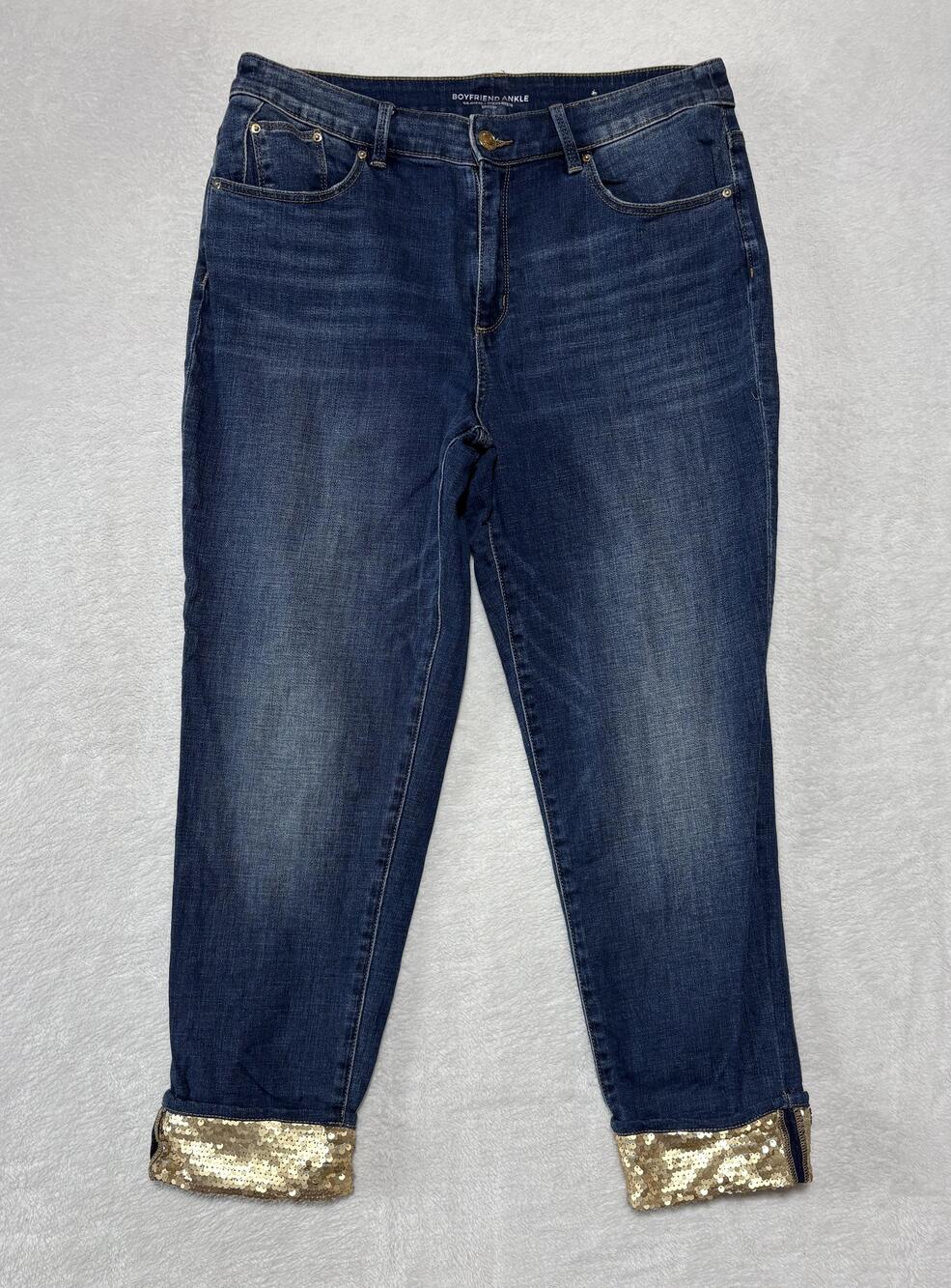 Chico's Boyfriend Ankle Jeans Womens 8R Blue Sequin Cuff Zip Stretch Denim